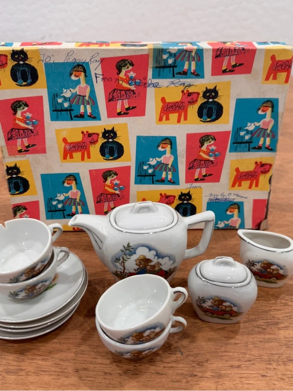 Vintage Children’s Ceramic Tea Set Bunny In A Racecar 13 Piece 1940s New Chip